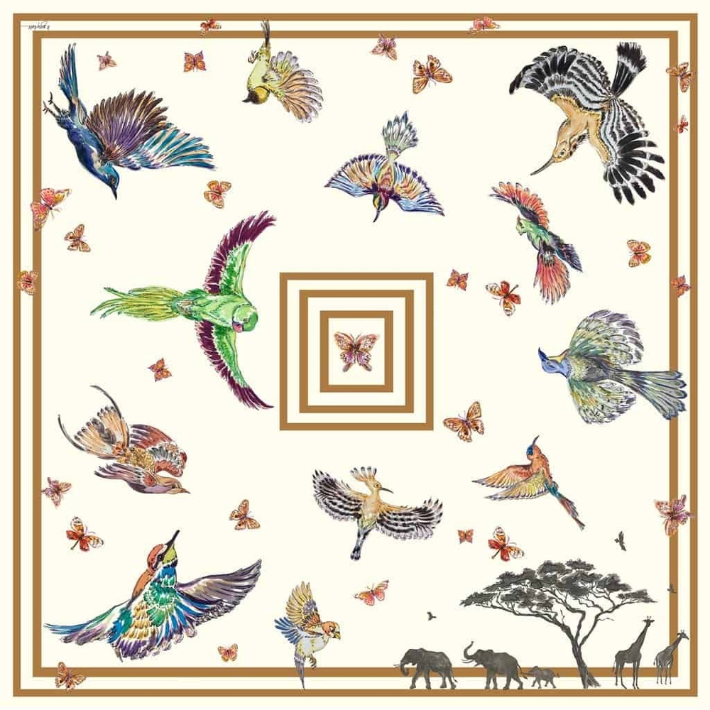 Grey Hall Design - Ivory Tusk Accordion Pleat -African Birds- 100% Silk Scarf